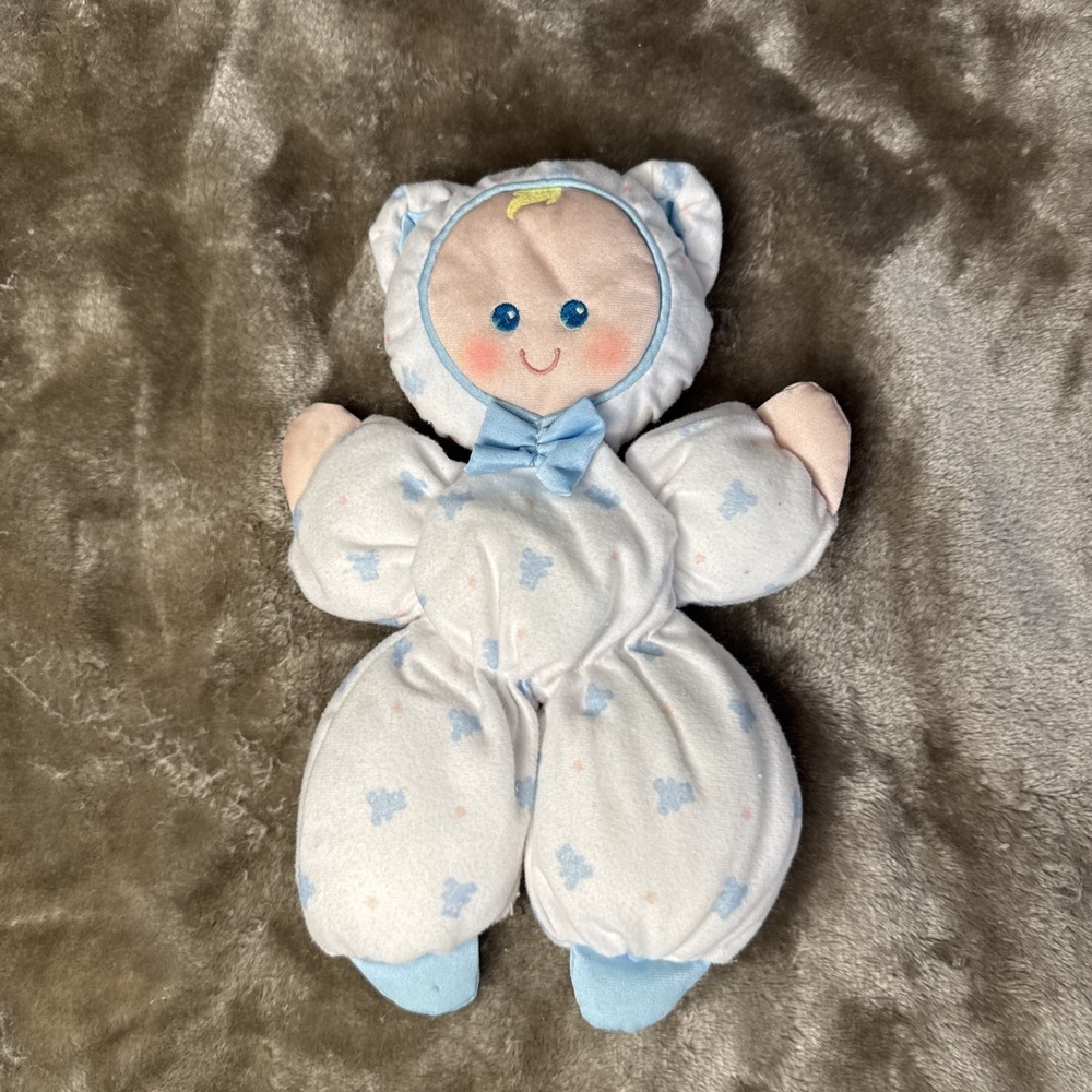 Vintage 1989 Fisher Price Slumber Babies Baby Doll White Blue Bear Print Plush - Picture 1 of 5
